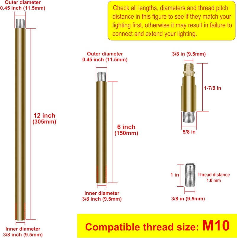 MAYOMAJO M10 Threaded Extension Poles Lighting Fixture Downrods Stems & 180 Degrees Sloped Ceiling Adapter Kits for Pendant Light, Island Lighting, Chandeliers (Brass) - Image 2